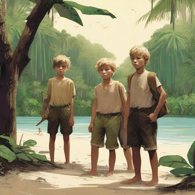 A group of young boys stranded on a deserted island, surrounded by dense jungle and a sandy beach, with a sense of adventure and tension in the air