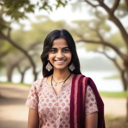 A young Indian girl in casual poses, wearing traditional Indian attire with modern touches