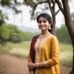 A young Indian girl in casual poses, wearing traditional Indian attire with modern touches