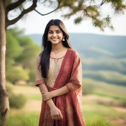 A young Indian girl in casual poses, wearing traditional Indian attire with modern touches