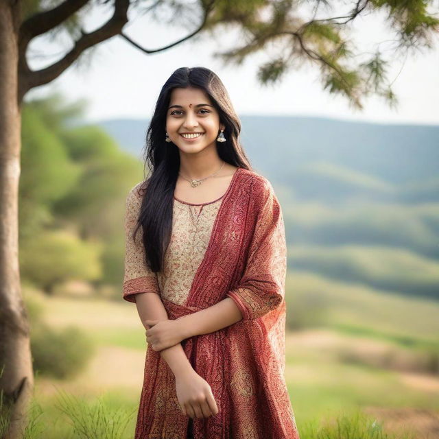 A young Indian girl in casual poses, wearing traditional Indian attire with modern touches