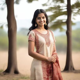 A young Indian girl in casual poses, wearing traditional Indian attire with modern touches