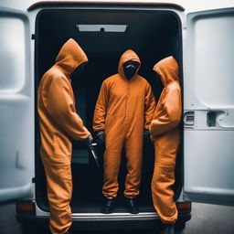 Two men in fruit fly inspector orange jumpsuits, their faces covered in disguises, are holding machetes and stepping out of a van