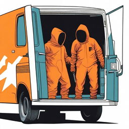 Two men in fruit fly inspector orange jumpsuits, their faces covered in disguises, are holding machetes and stepping out of a van