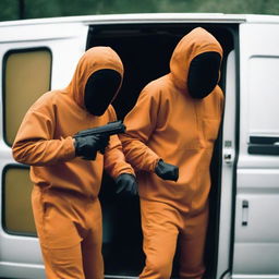 Two men in fruit fly inspector orange jumpsuits, their faces covered in disguises, are holding machetes and stepping out of a van