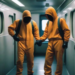 Two men in fruit fly inspector orange jumpsuits, their faces covered in disguises, are holding machetes and stepping out of a van