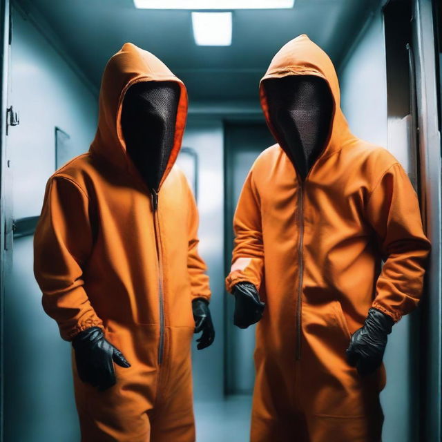 Two men in fruit fly inspector orange jumpsuits, their faces covered in disguises, are holding machetes as they step out of a van