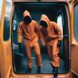 Two men in fruit fly inspector orange jumpsuits, their faces covered in disguises, are holding machetes as they step out of a van