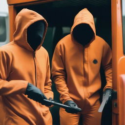 Two men in fruit fly inspector orange jumpsuits, their faces covered in disguises, are holding machetes as they step out of a van