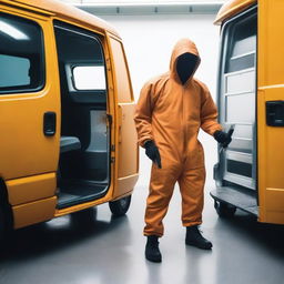 Two men in fruit fly inspector orange jumpsuits, their faces covered in disguises, are holding machetes as they step out of a van