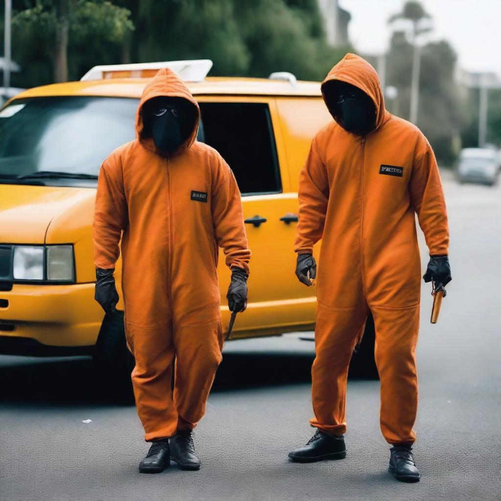 Two men in fruit fly inspector orange jumpsuits, their faces covered in disguises, are holding machetes as they step out of a van parked on an Australian street