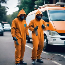 Two men in fruit fly inspector orange jumpsuits, their faces covered in disguises, are holding machetes as they step out of a van parked on an Australian street