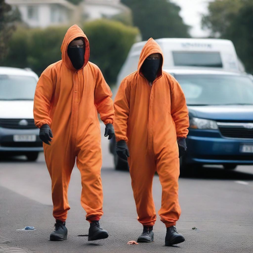 Two men in fruit fly inspector orange jumpsuits, their faces covered in disguises, are holding machetes as they step out of a van parked on an Australian street