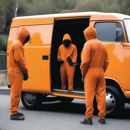 Two men in fruit fly inspector orange jumpsuits, their faces covered in disguises, are holding machetes as they step out of the door of a van