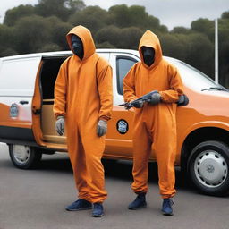 Two men in fruit fly inspector orange jumpsuits, their faces covered in disguises, are holding machetes as they step out of a van parked on an Australian street