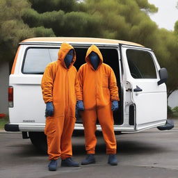 Two men in fruit fly inspector orange jumpsuits, their faces covered in disguises, are holding machetes as they step out of the door of a van