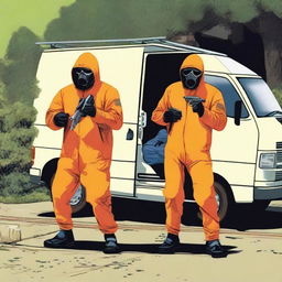 Two men in fruit fly inspector orange jumpsuits, their faces covered in disguises, are holding machetes as they step out of the door of a van