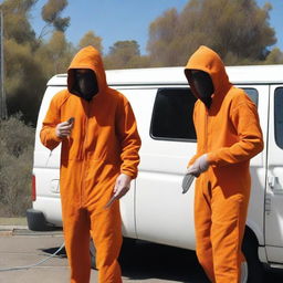 Two men in fruit fly inspector orange jumpsuits, their faces covered in disguises, are holding machetes as they step out of the door of a van