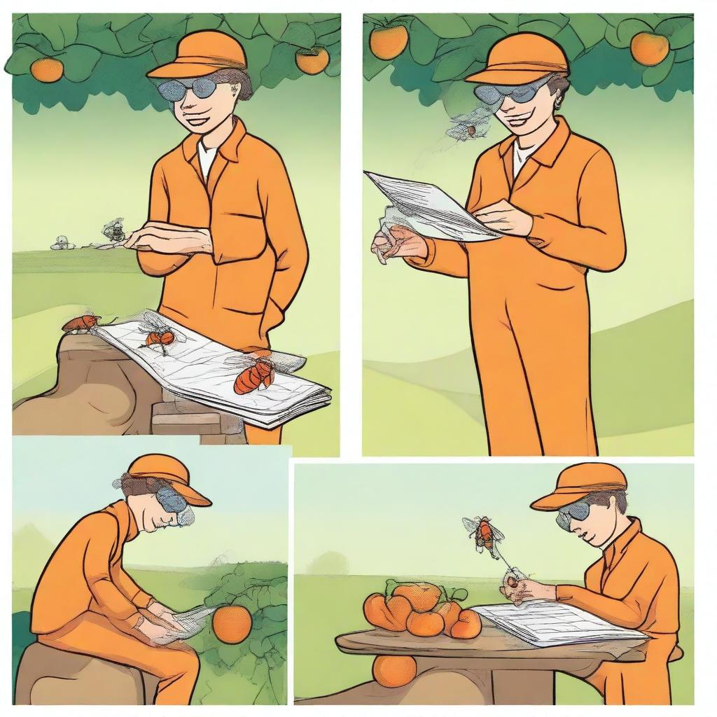 A fruit fly inspector in an orange jumpsuit is shown in various situations related to their work