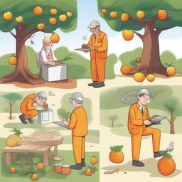 A fruit fly inspector in an orange jumpsuit is shown in various situations related to their work