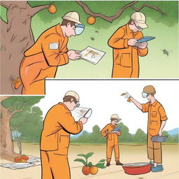 A fruit fly inspector in an orange jumpsuit is shown in various situations related to their work