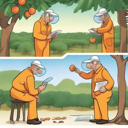 A fruit fly inspector in an orange jumpsuit is shown in various situations related to their work