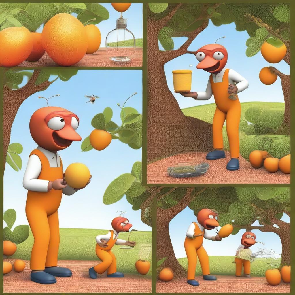 An artistic representation of a fruit fly inspector in an orange jumpsuit is shown in various realistic situations related to their work