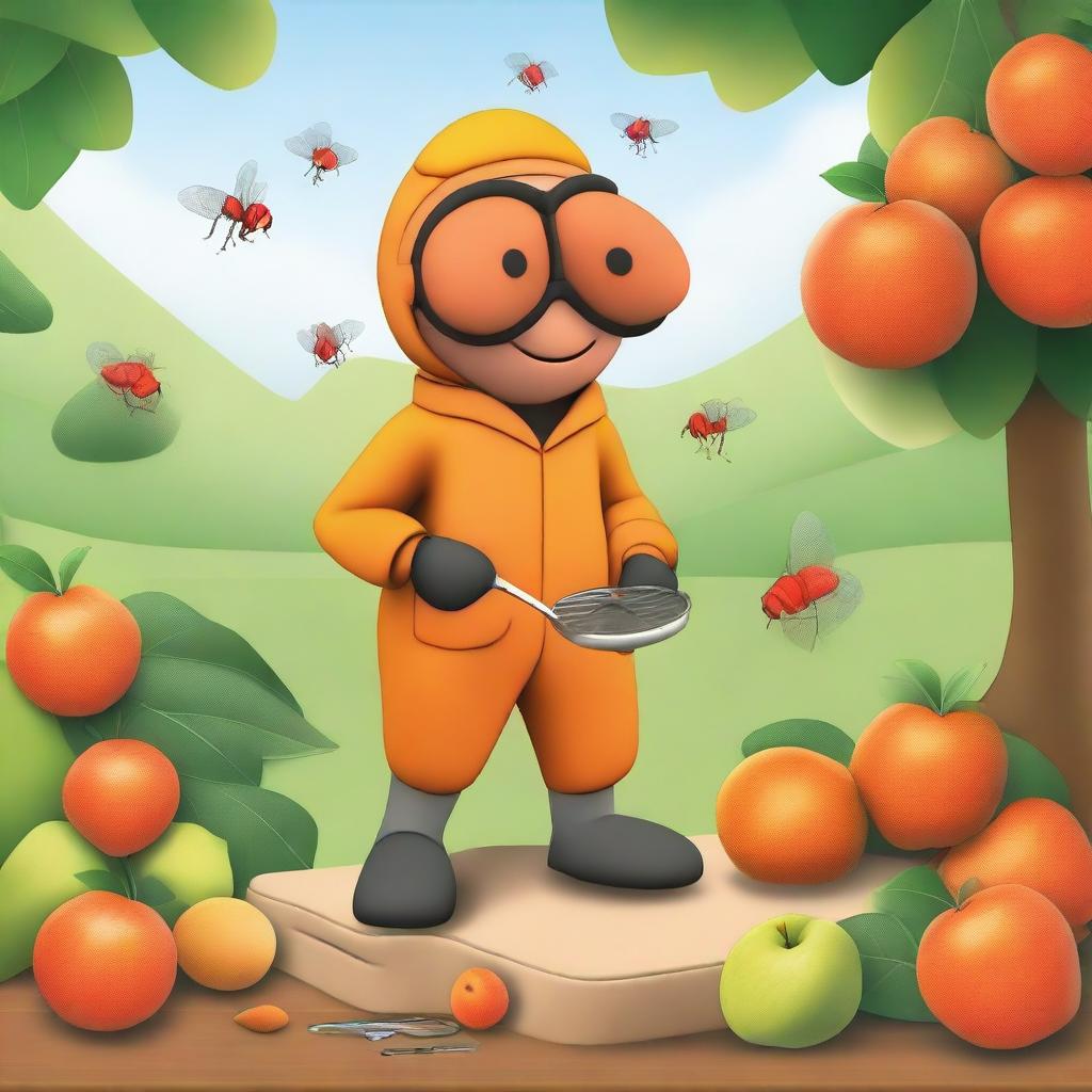 An artistic representation of a fruit fly inspector in an orange jumpsuit is shown in various realistic situations related to their work