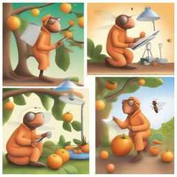 An artistic representation of a fruit fly inspector in an orange jumpsuit is shown in various realistic situations related to their work