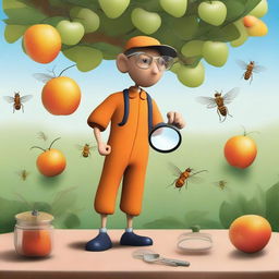 An artistic representation of a fruit fly inspector in an orange jumpsuit is shown in various realistic situations related to their work