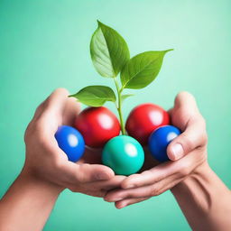 Three interlocking balls in blue, green, and red, hovering over open hands with a budding plant in the center