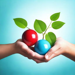 Three interlocking balls in blue, green, and red, hovering over open hands with a budding plant in the center