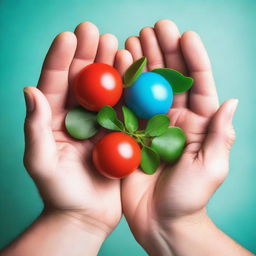 Three interlocking balls in blue, green, and red, hovering over open hands with a budding plant in the center