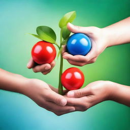 Three interlocking balls in blue, green, and red, hovering over open hands with a budding plant in the center