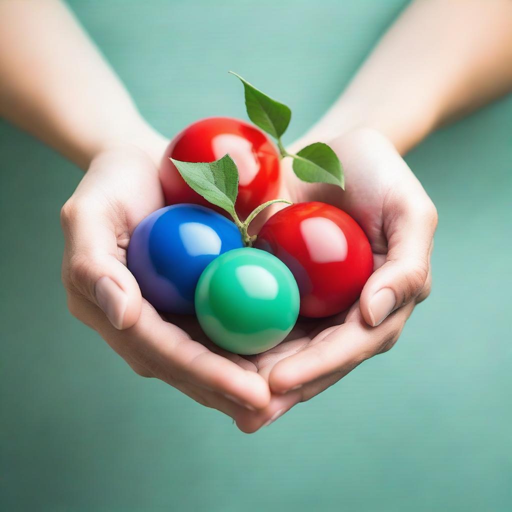 Three balls in blue, green, and red, hovering over open hands with a budding plant in the center