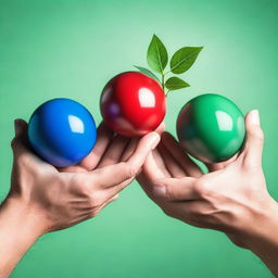 Three balls in blue, green, and red, hovering over open hands with a budding plant in the center