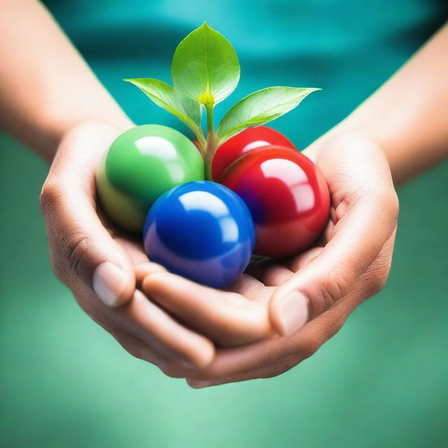 Three balls in blue, green, and red, hovering over open hands with a budding plant in the center