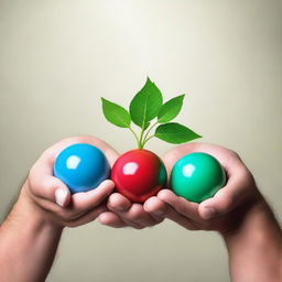 Three balls in blue, green, and red, hovering over open hands with a budding plant in the center