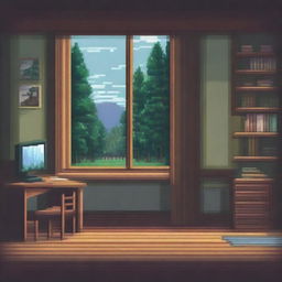 A room with a study, showing the perspective of a small being on top of the desk looking out the window at a pine forest landscape