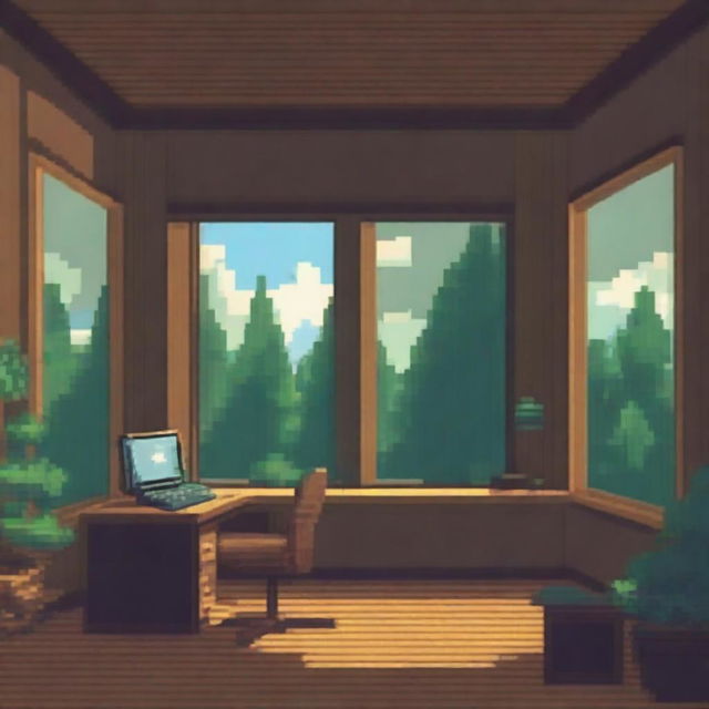 A room with a study, showing the perspective of a small being on top of the desk looking out the window at a pine forest landscape