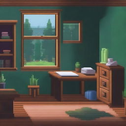 A room with a study, showing the perspective of a small being on top of the desk looking out the window at a pine forest landscape