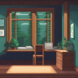 A room with a study, showing the perspective of a small being on top of the desk looking out the window at a pine forest landscape