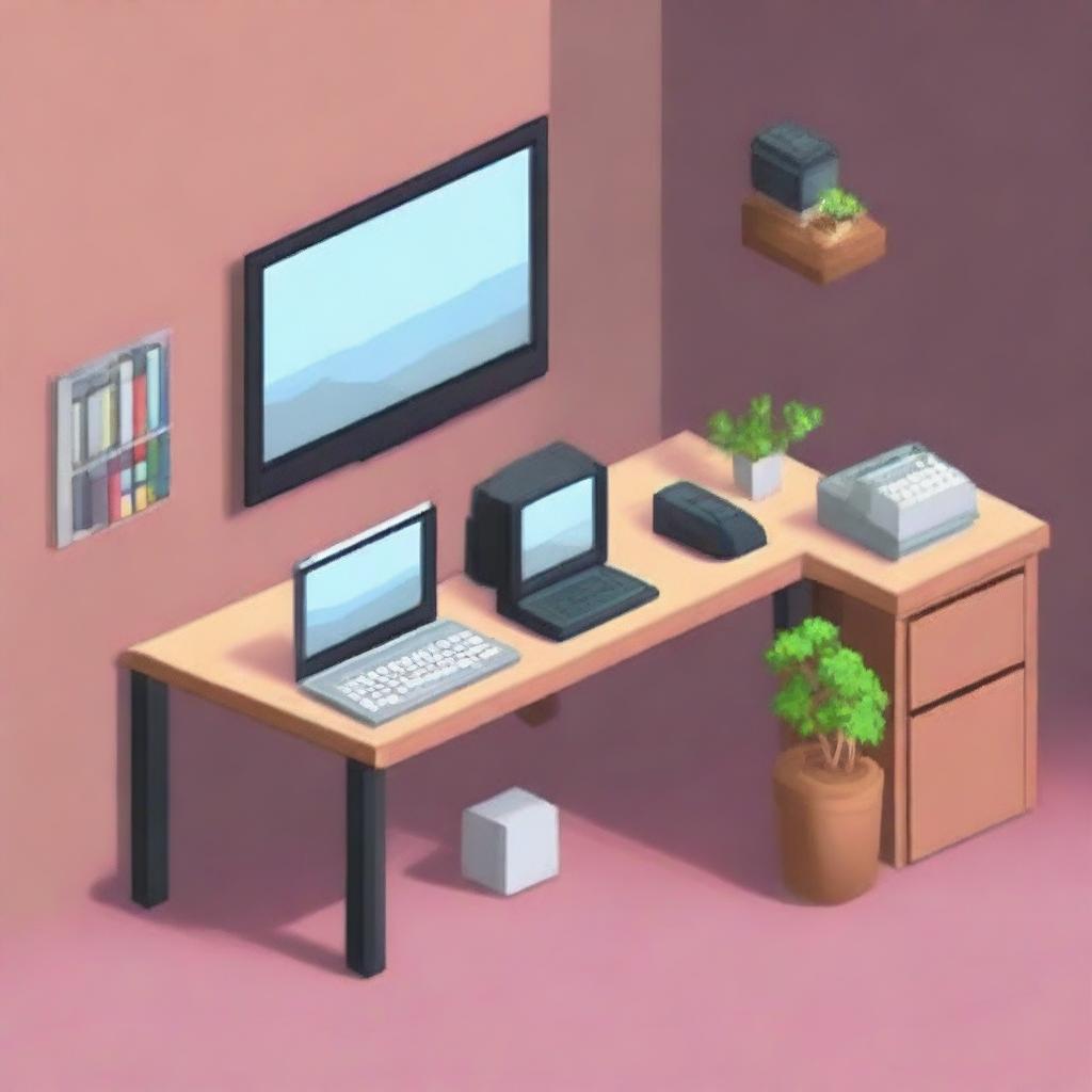 Una imagen pixel art de una habitación con un escritorio y una computadora