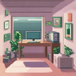 Una imagen pixel art de una habitación con un escritorio y una computadora