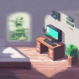 Una imagen pixel art de una habitación con un escritorio y una computadora