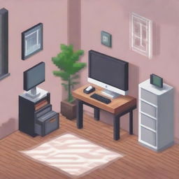 Una imagen pixel art de una habitación con un escritorio y una computadora