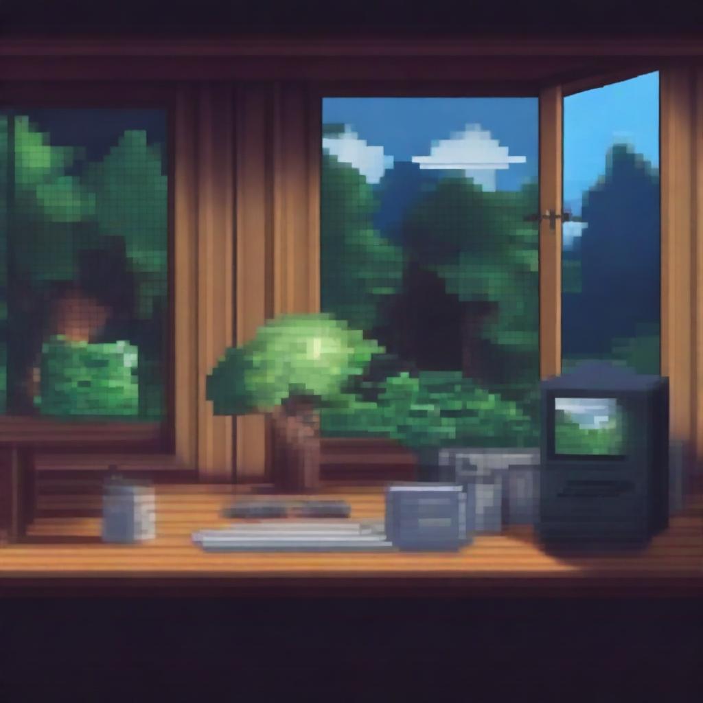 Una imagen pixel art de una habitación con un escritorio y una computadora frente a una ventana