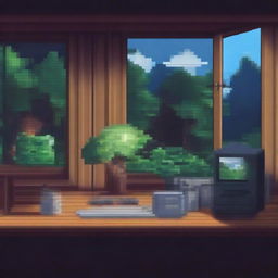 Una imagen pixel art de una habitación con un escritorio y una computadora frente a una ventana