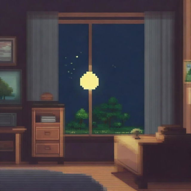 Una imagen pixel art de una habitación con un escritorio y una computadora frente a una ventana