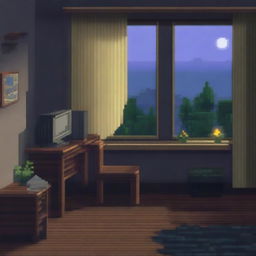 Una imagen pixel art de una habitación con un escritorio y una computadora frente a una ventana